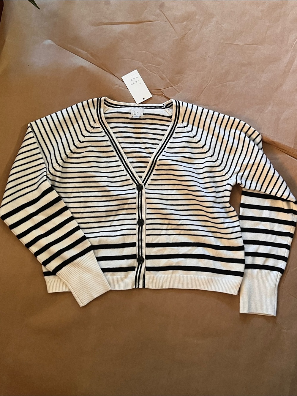 a new day Black & Cream Striped V-Neck Button Cardigan